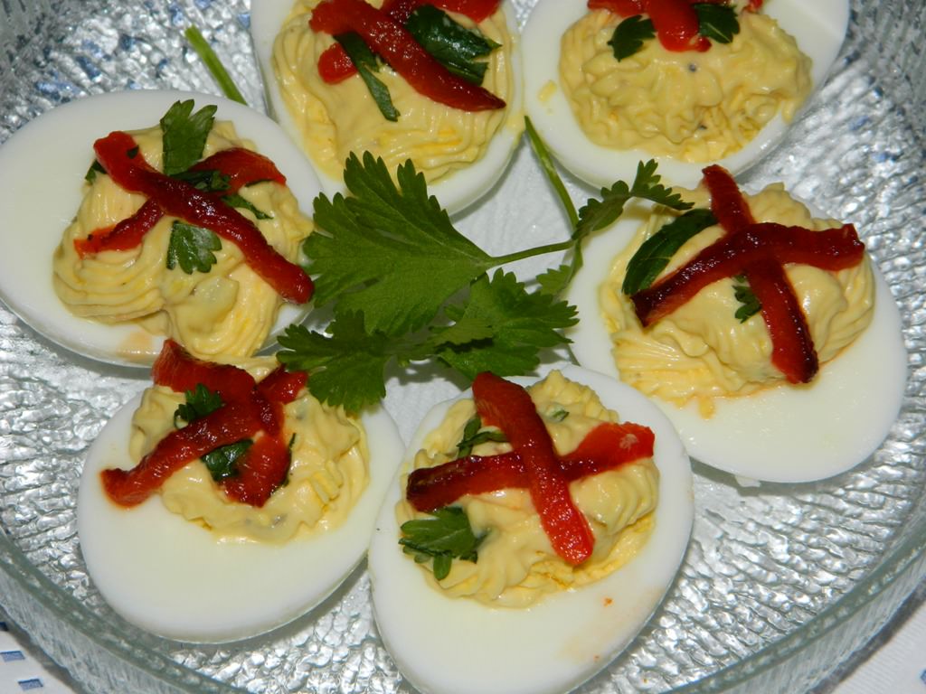Plate of Roasted Red Pepper Deviled Eggs