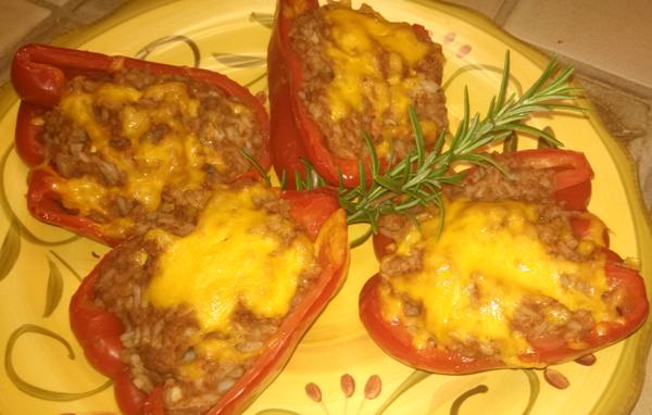 Red Bell Bell Peppers Stuffed with Beans and Rice