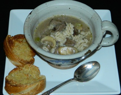 Beef Barley Soup with Toasted French Bread