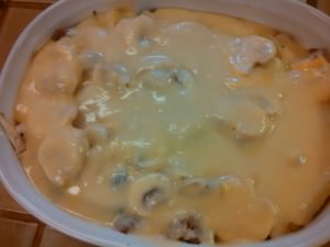 Vegetables, sausage with cheese sauce